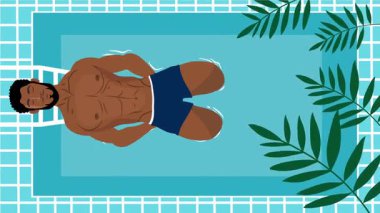 Seksi üstsüz adam sahilde neşeli bir yaz gününü dans içeceği ve tropikal hareketlerle kutluyor.