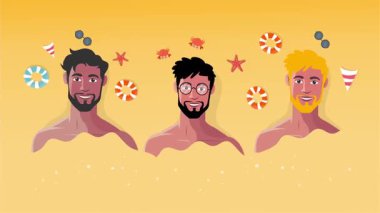 Seksi üstsüz adam sahilde neşeli bir yaz gününü dans içeceği ve tropikal hareketlerle kutluyor.