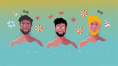 Seksi üstsüz adam sahilde neşeli bir yaz gününü dans içeceği ve tropikal hareketlerle kutluyor.