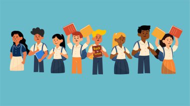 Eğlence Vektörü İllüstrasyon Stili Mutlu Okul Çocukları