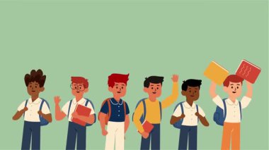 Mutlu okul çocukları okul animasyonunun ilk günü için heyecanlı bir şekilde geri dönüyorlar.