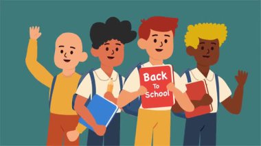 Mutlu okul çocukları okul animasyonunun ilk günü için heyecanlı bir şekilde geri dönüyorlar.