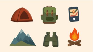Kamp ekipmanı vektörü, ayakkabı çadırı gözlüğü haritası ve seyahat ögeleri de dahil