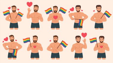 Gökkuşağı bayrakları ve kalp vektör çizimi tasarımı olan eşcinsel erkekler