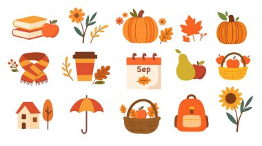 Sonbahar mevsimi simgeleri ayarlandı. vektör illüstrasyonu