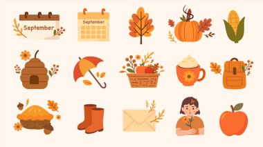 Sonbahar simgeleri ayarlandı. vektör illüstrasyonu.