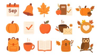 Sonbahar elementleri seti. Vektör çizimi. beyaz arkaplanda izole edilmiş sonbahar nesnelerinin düz çizgi film çizimi.