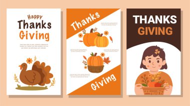 Şükran Günü posteri içinde hindi ve balkabağı vektör illüstrasyonu