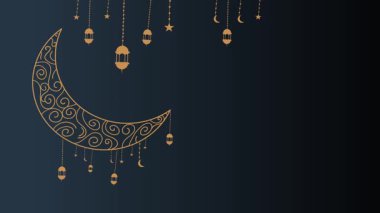 Ramazan Mübarek geçmişin kutlu olsun. İslami hilal, yıldız ve lacivert arka planda altın fener. vektör illüstrasyonu