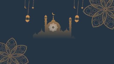 Bayram Mübarek İslami Tasarım Pankartı. İslam Festivali tebrik kartı. İçinde cami, hilal ve ay var..