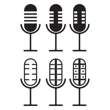 mikrofon simgeleri ayarlandı. Beyaz arkaplanda izole edilmiş web tasarımı için mikrofon vektör simgeleri dizisi