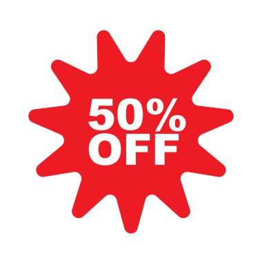 Sivri kenarlı parlak kırmızı bir yıldız patlaması şekli metni% 50 indirimli beyaz içerir. Bu grafik temiz beyaz bir arkaplanda izole edilmiş, promosyon kullanımı için mükemmel..