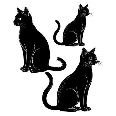Beyaz arka planda izole edilmiş üç siyah kedi silueti.