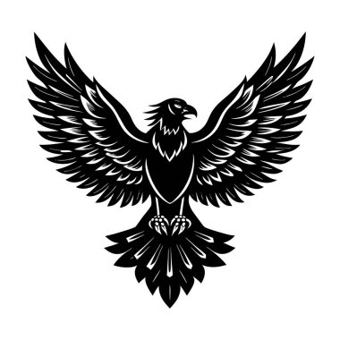 Siyah kartal silueti beyaz arkaplanda yalıtılmış kanatları var.