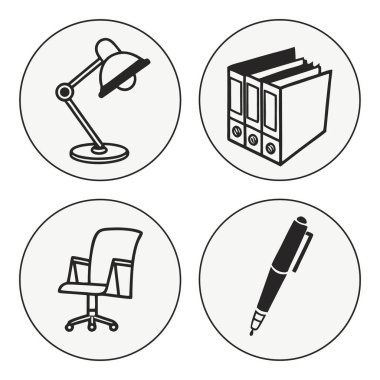 Ofis simgeleri beyaz arkaplanda izole edilmiş.