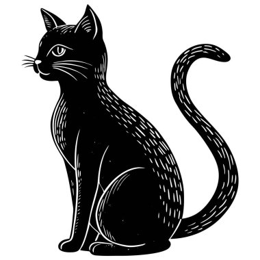 Siyah kedi silueti beyaz arka planda zarif bir şekilde izole edilmiş duruyor.