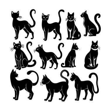 Beyaz arka planda izole edilmiş kedi siluetleri. Vektör illüstrasyonu