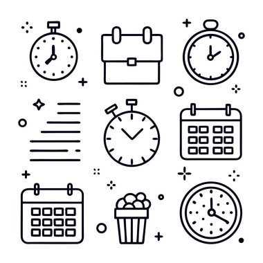 Zaman yönetimi simgeleri kümesi, vektör illüstrasyonu