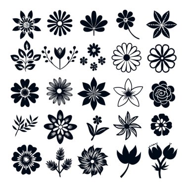 Siyah çiçek simgeleri seti