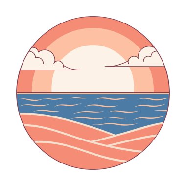 bulutlu deniz manzarası ve güneş ikonu vektör çizimi tasarımı