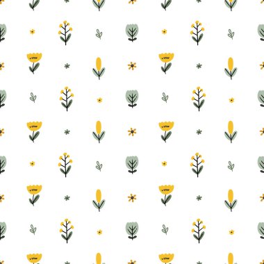 Sevimli sarı eli, çiçekleri ve yeşil yaprakları olan kusursuz bir desen. Çocuk kıyafetleri, bebek tekstili, bahar yüzey baskıları, duvar kağıtları ve hediye paketi tasarımları için harika..