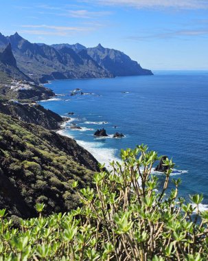 İspanya 'nın Tenerife kıyı şeridinin yükseltilmiş görüntüsü, Anaga patikasından alındı. Volkanik kayalıklar, mavi Atlantik Okyanusu ve yeşil bitki örtüsü..