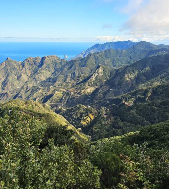 İspanya, Tenerife 'nin Anaga bölgesindeki teraslı vadiler ve orman dağlarının panoramik manzarası. Manzarada koyu yeşil yamaçlar, dağınık kırsal yerleşimler ve arka planda Atlantik Okyanusu yer almaktadır..