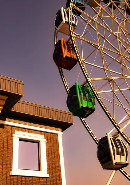 Renkli Dönme Dolap Şehir Günbatımı Görünümü