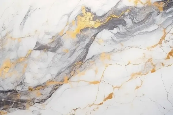 İşlenmiş beyaz ve altın mermer desenli kolaj. Pankart, arkaplan veya 3B haritalama için doku
