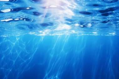 Güneş ışığında işlenmiş mavi su materyali dokusu kolajı. Pankart, arkaplan veya 3B haritalama için doku