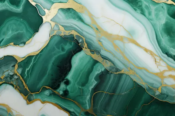 Zümrüt yeşili ve altın mermer desenli işlenmiş kolaj. Pankart, arkaplan veya 3B haritalama için doku