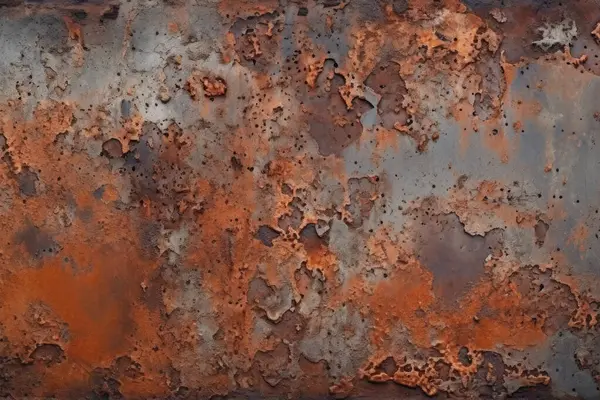 Gündüz vakti paslı metal yaprak dokusunun işlenmiş kolajı. Pankart, arkaplan veya 3B haritalama için doku