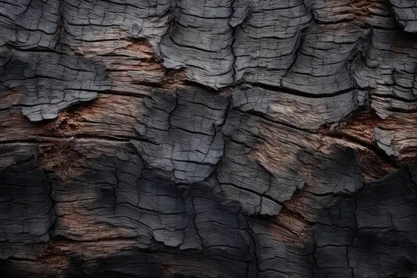 Eski siyah ağaç kabuğu yüzey dokusunun işlenmiş kolajı. Pankart, arkaplan veya 3B haritalama için doku