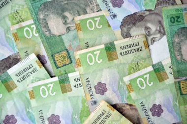 Ukrayna 'nın işlenmiş Hryvnia UAH kolajı banknotların dokusunu destekler. Pankart, arkaplan veya 3B haritalama için doku