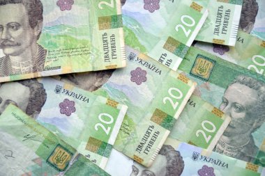 Ukrayna 'nın işlenmiş Hryvnia UAH kolajı banknotların dokusunu destekler. Pankart, arkaplan veya 3B haritalama için doku