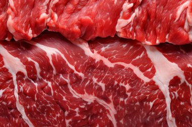 İşlenmiş taze çiğ et yüzey dokusu kolajı. Pankart, arkaplan veya 3B haritalama için doku