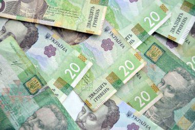 Ukrayna 'nın işlenmiş Hryvnia UAH kolajı banknotların dokusunu destekler. Pankart, arkaplan veya 3B haritalama için doku