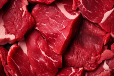 İşlenmiş taze çiğ et yüzey dokusu kolajı. Pankart, arkaplan veya 3B haritalama için doku