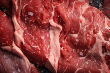 İşlenmiş taze çiğ et yüzey dokusu kolajı. Pankart, arkaplan veya 3B haritalama için doku