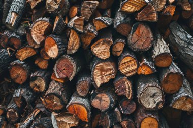 Kış için hazırlanmış odun yığınının işlenmiş görüntüsü. Yakacak odun kesimi, yakın plan.