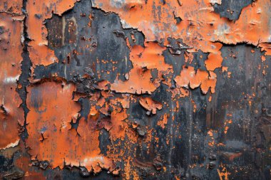 Eski paslanmış ve paslanmış metal yüzeyin kabuğu soyulmuş. Arkaplan veya haritalama için arkaplan dokusu