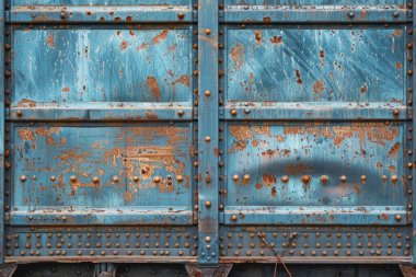 Pas metal duvarlı tren vagonunun yan görüntüsü. Yakından. Arkaplan veya haritalama için arkaplan dokusu