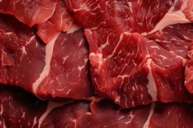 İşlenmiş taze çiğ et yüzey dokusu kolajı. Pankart, arkaplan veya 3B haritalama için doku