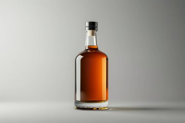 Viski ya da konyak alkol şişesi masanın üzerinde koyu gri arka planda. Profesyonel fotoğraf.