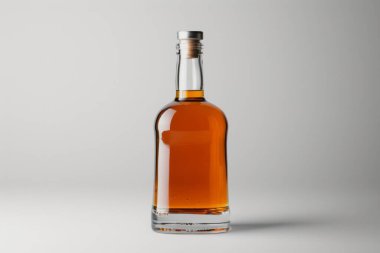 Viski ya da konyak alkol şişesi masanın üzerinde koyu gri arka planda. Profesyonel fotoğraf.