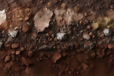 Kırmızı toprak yüzey dokusunun işlenmiş kolajı. Pankart, arkaplan veya 3B haritalama için doku