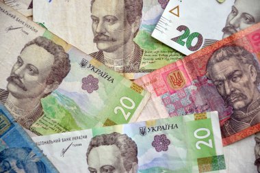 Ukrayna 'nın işlenmiş Hryvnia UAH kolajı banknotların dokusunu destekler. Pankart, arkaplan veya 3B haritalama için doku