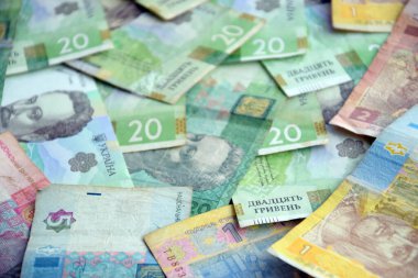 Ukrayna 'nın işlenmiş Hryvnia UAH kolajı banknotların dokusunu destekler. Pankart, arkaplan veya 3B haritalama için doku