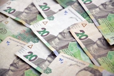 Ukrayna 'nın işlenmiş Hryvnia UAH kolajı banknotların dokusunu destekler. Pankart, arkaplan veya 3B haritalama için doku