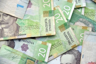 Ukrayna 'nın işlenmiş Hryvnia UAH kolajı banknotların dokusunu destekler. Pankart, arkaplan veya 3B haritalama için doku